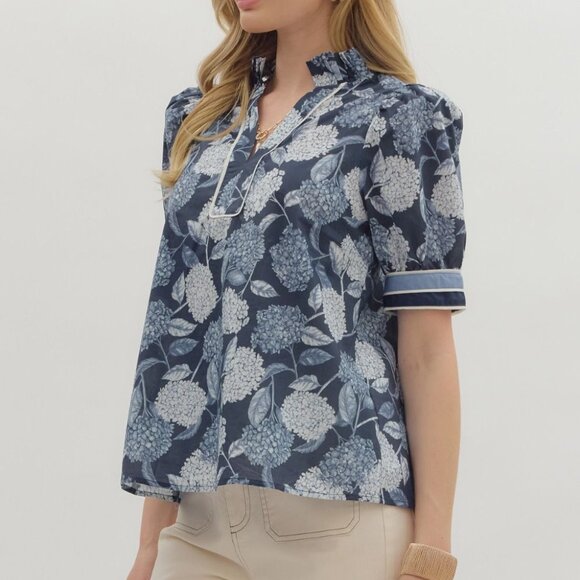 Women's Blue Floral Hydrangea Puff Sleeve Top Entro Size Large NWT - Picture 5 of 7